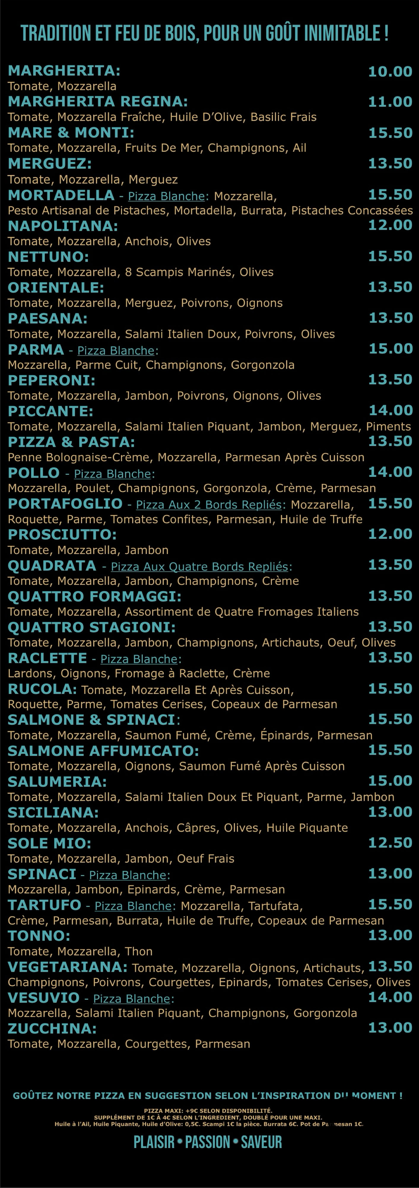 Découvrez la carte complète de la Pizzeria Amarena à Seraing. Pizzas artisanales à emporter, pâte maison, ingrédients de qualité. Cuites au feu de bois depuis 1997.