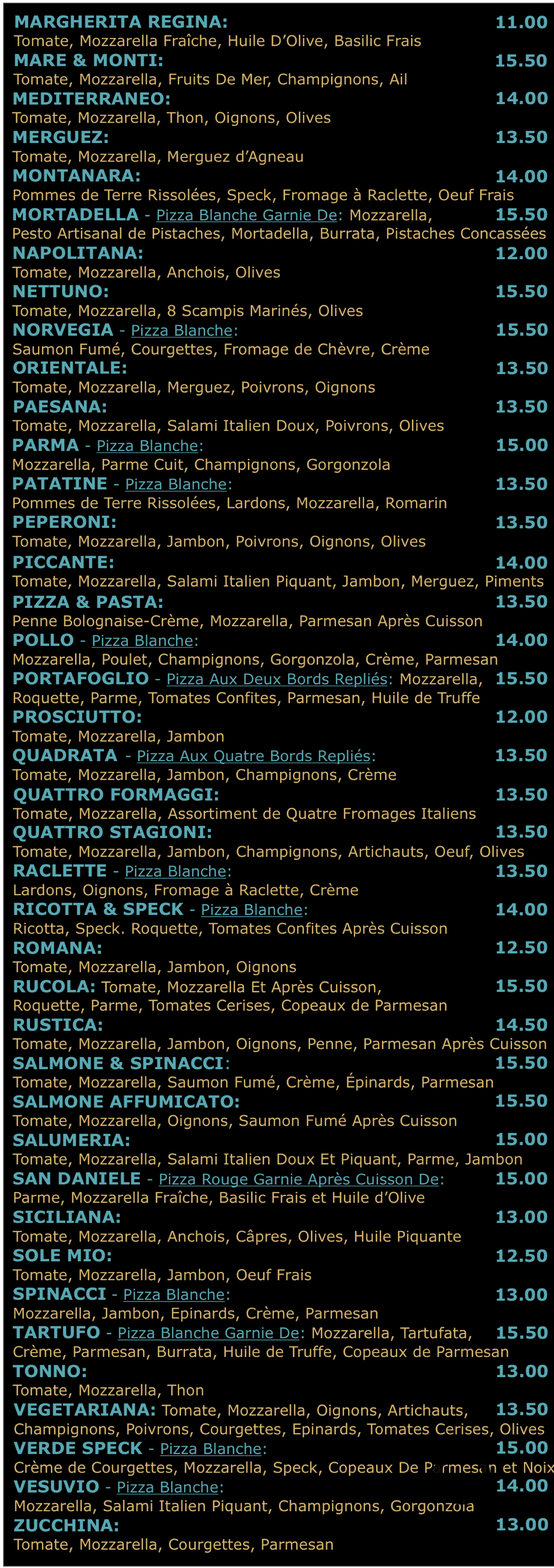 Découvrez la carte complète de la Pizzeria Amarena à Seraing. Pizzas artisanales à emporter, pâte maison, ingrédients de qualité. Cuites au feu de bois depuis 1997.