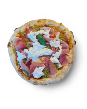 pizza garnie de mortadella, pesto de pistache, burrata, pistaches concassées - cuite au feu de bois -Pizzeria Amarena à Seraing