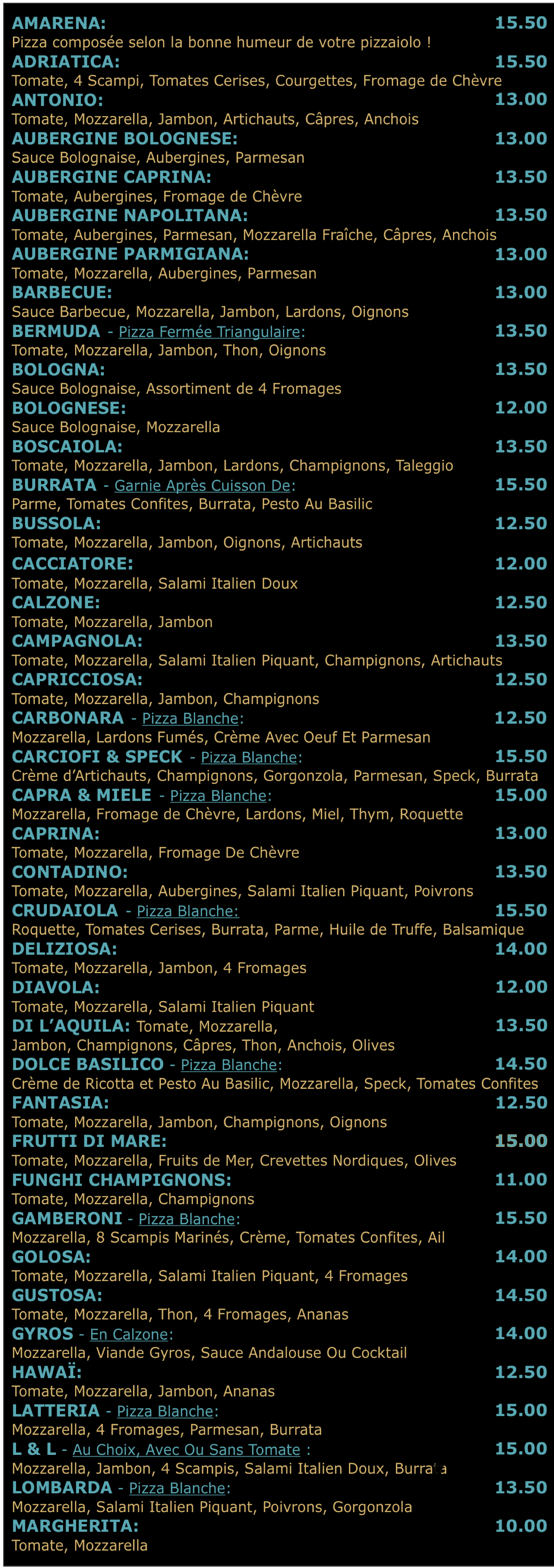 Découvrez la carte complète de la Pizzeria Amarena à Seraing. Pizzas artisanales à emporter, pâte maison, ingrédients de qualité. Cuites au feu de bois depuis 1997.