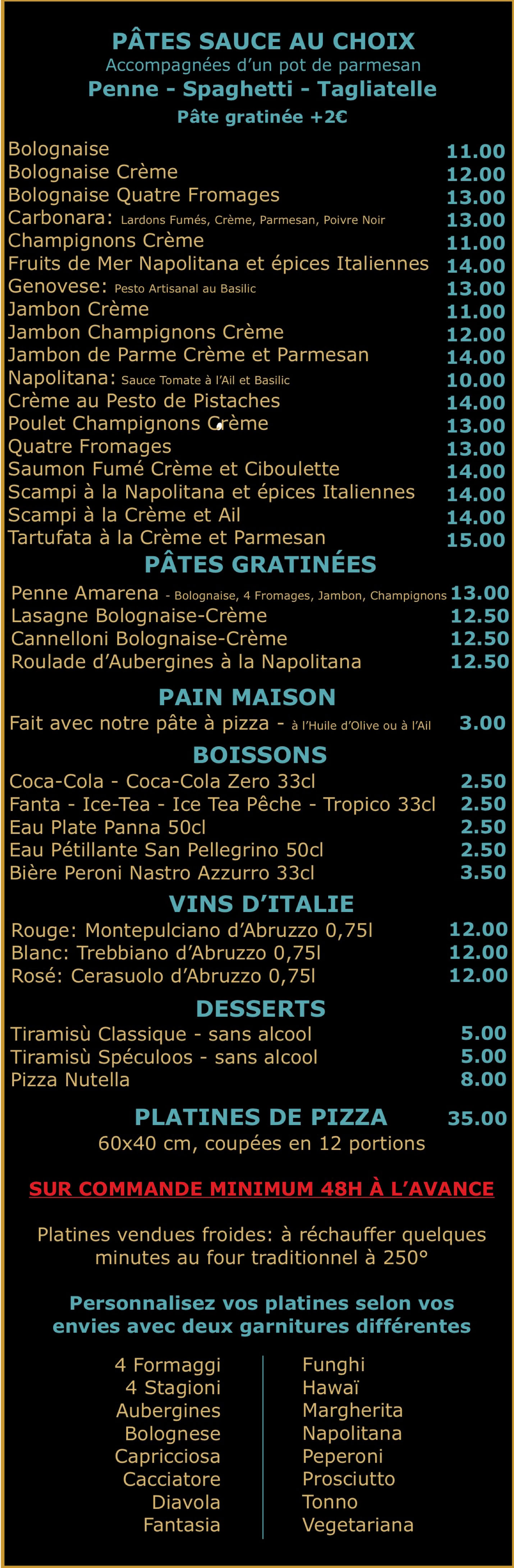 Pâtes, boissons, desseert, vins d'italie de la Pizzeria Amarena à Seraing