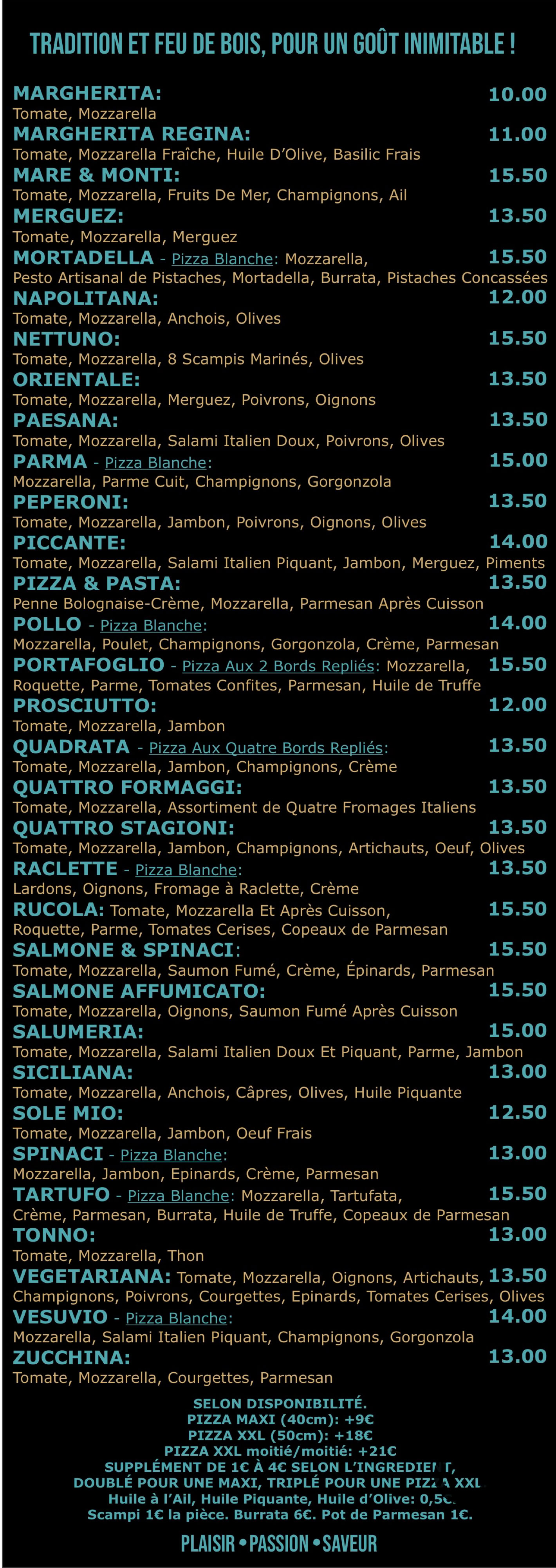 Découvrez la carte complète de la Pizzeria Amarena à Seraing. Pizzas artisanales à emporter, pâte maison, ingrédients de qualité. Cuites au feu de bois depuis 1997.
