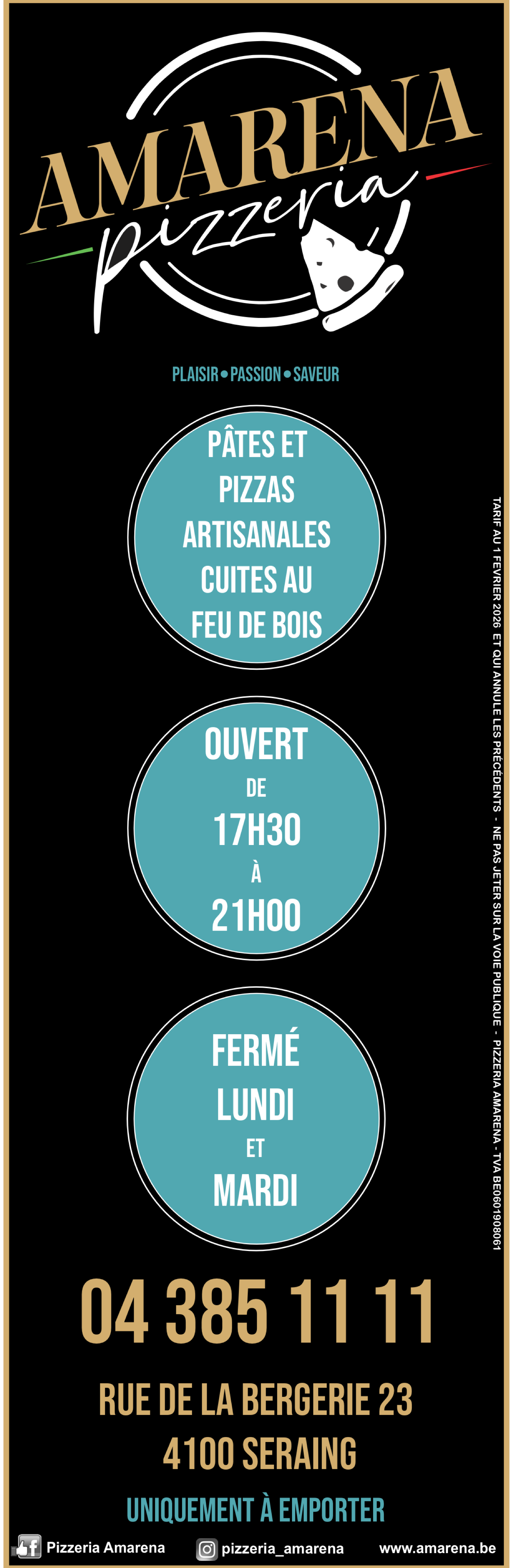 Horaires de la Pizzeria Amarena à Seraing – Pizzas artisanales à emporter, faites maison depuis 1997.