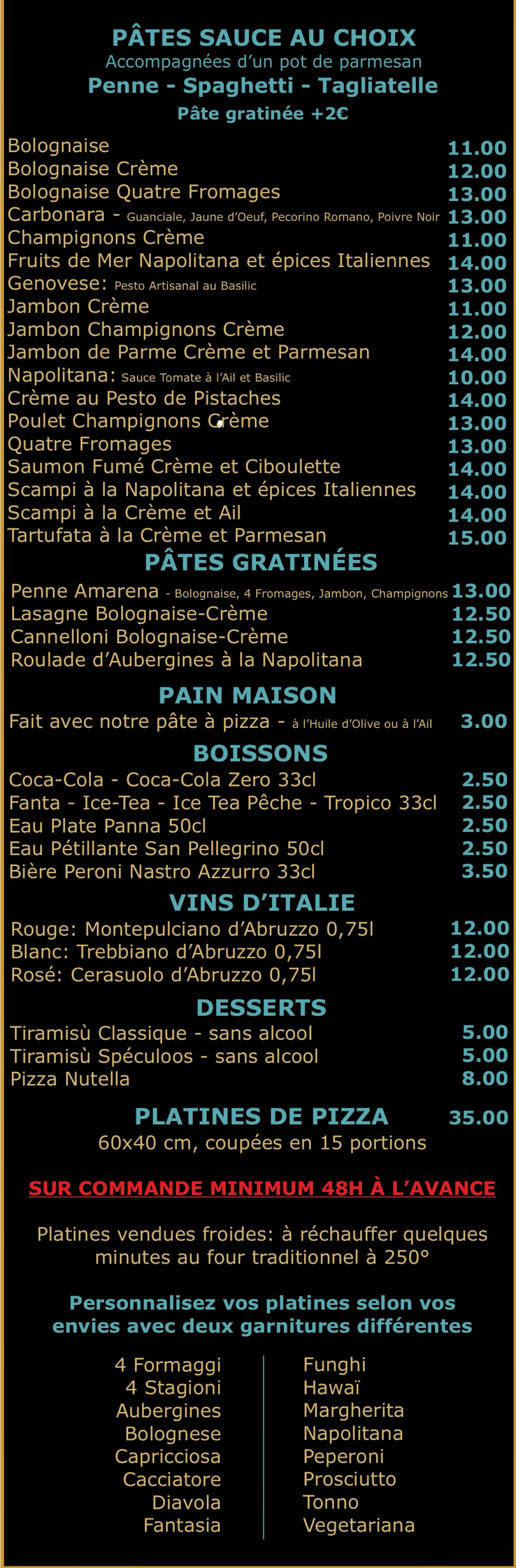 Pâtes, boissons, desseert, vins d'italie de la Pizzeria Amarena à Seraing